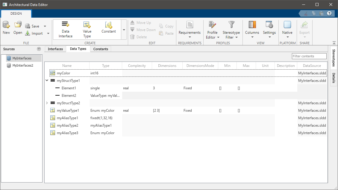 Architectural data editor showing contents of the Simulink data dictionary MyInterfaces.sldd.