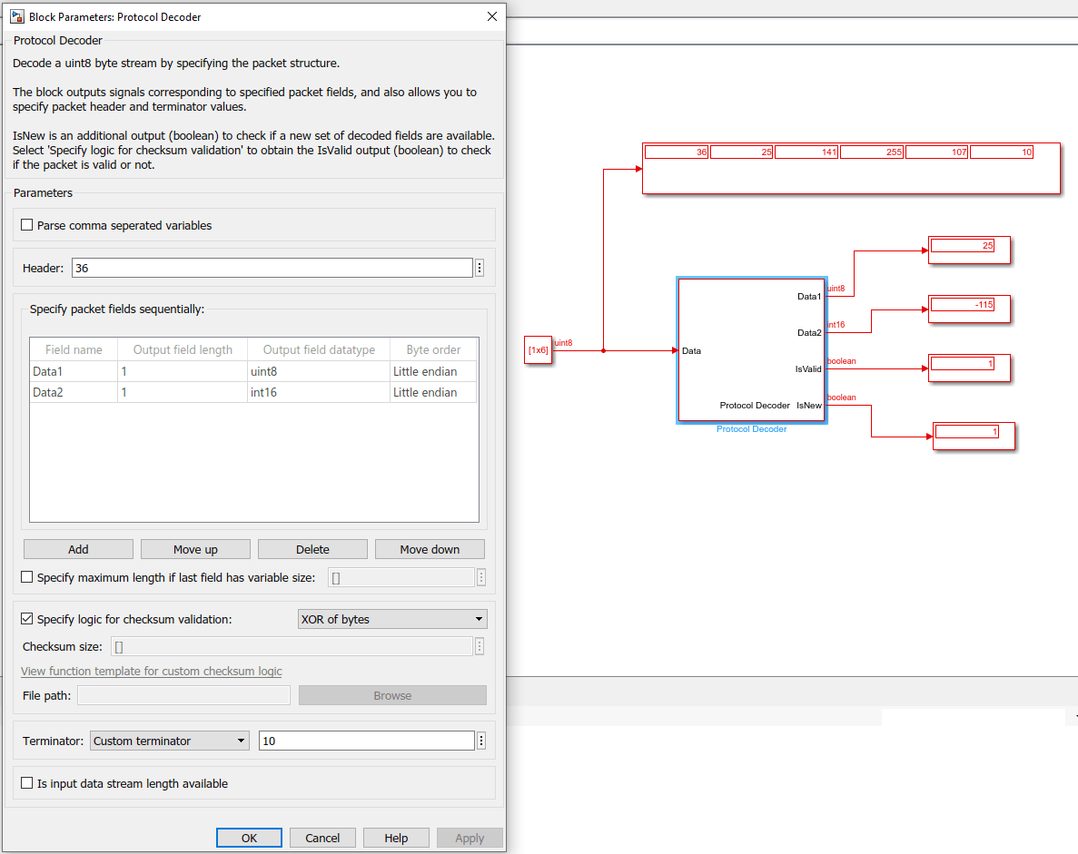 Block parameters and output displayed for Protocol Decoder block