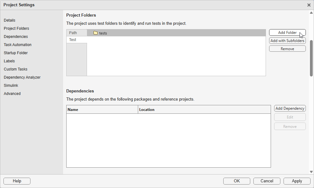 Project Settings dialog box showing the Project Folders section with a test folder listed and buttons to add or remove folders. The mouse points to the Add Folder button.