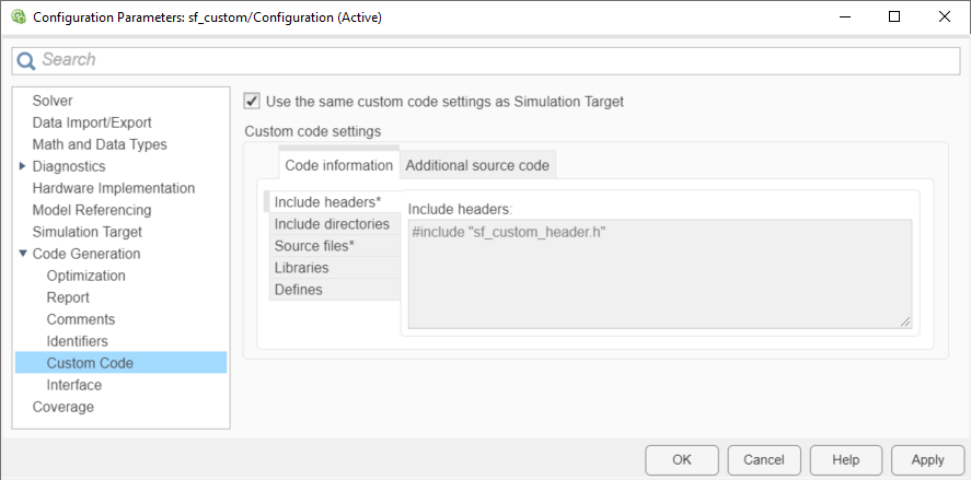 The Code Generation Custom Code pane of the Configuration Parameters dialog box shows the same custom code settings specified in the Simulation Target pane.