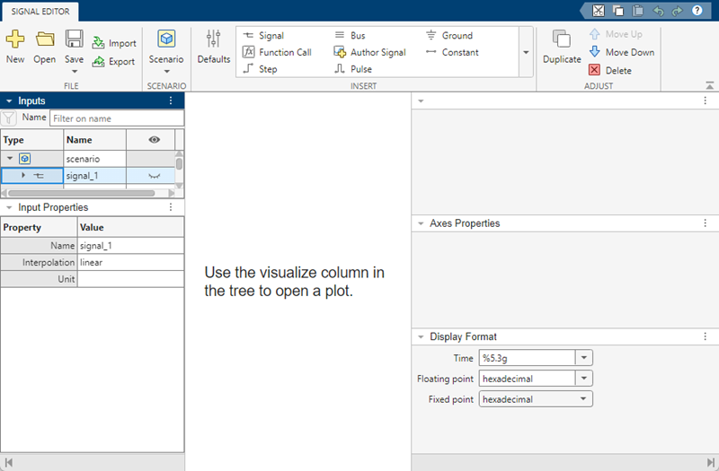 Standalone Signal Editor with myScenario.mat and signal_1 selected