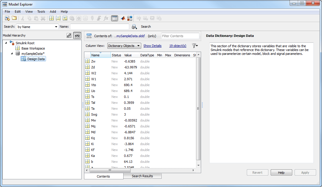Model Explorer with Design Data node selected and imported data displayed in the Contents pane