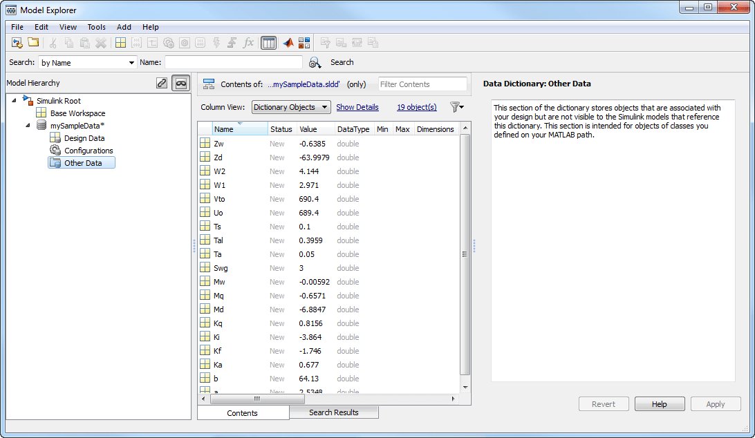 View of Model Explorer. In the Model Hierarchy pane, the Other Data node of a data dictionary is selected. In the Contents pane, imported data is displayed.