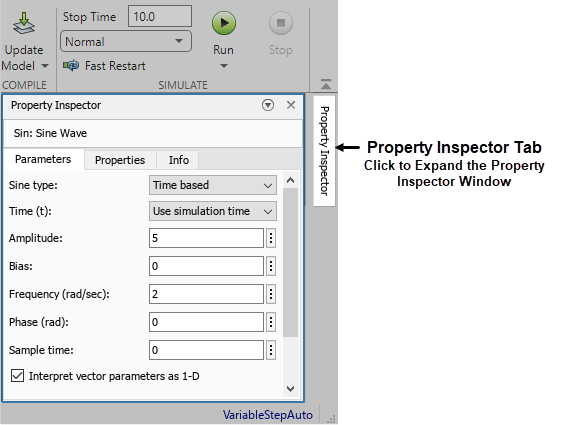 The Property Inspector for a Ramp block is open to the Parameters tab. The Slope is set to 2 and the Start time is set to 3. The Property Inspector tab at the right edge of the Simulink window is labeled with the text "Click to Expand Property Inspector Window".