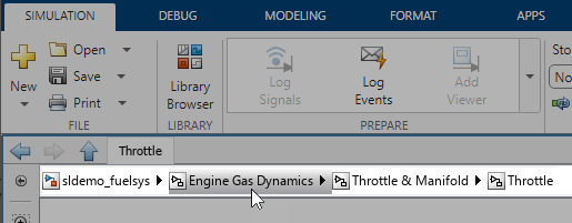 The explorer bar shows this model hierarchy: sldemo_fuelsys → Engine Gas Dynamics → Throttle & Manifold → Throttle. The pointer is paused over Engine Gas Dynamics.