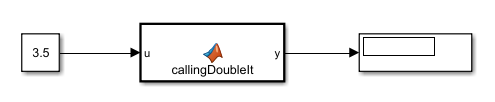 This image shows a MATLAB Function block set to output to a Display block. The MATLAB Function uses a constant block with a value of 3.5 as an input.