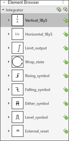 Element browser showing several parts used in variations of the Integrator block icon