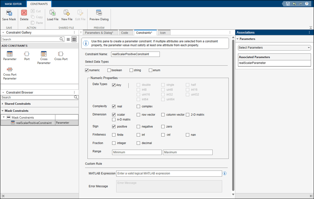 The Constraints tab in the Mask Editor shows parameter constraint.