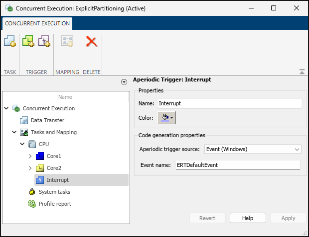 Concurrent Execution tool with Aperiodic Trigger parameters open.