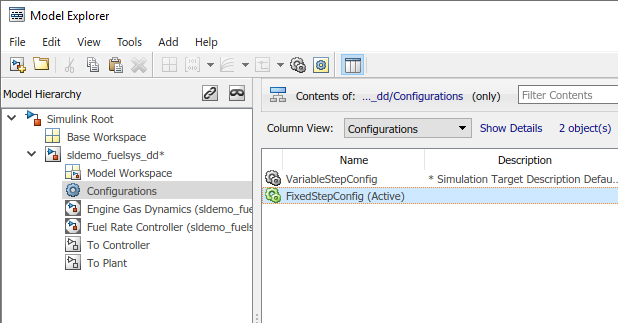 Model Explorer showing the configurations section of the model sldemo_fuelsys_dd. The configuration set FixedStepConfig is selected as active.