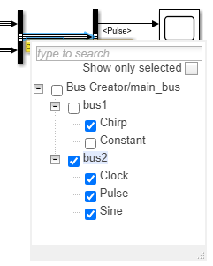 The port value label bus element menu for the bus named main_bus has the Chirp signal in bus1 and all signals in bus2 selected.