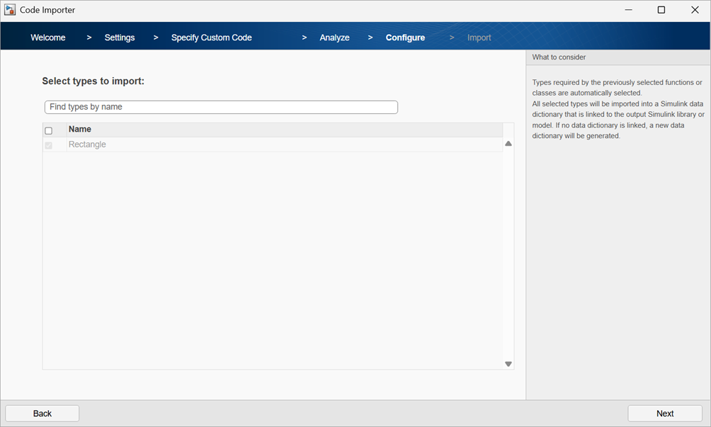 The types to be imported are automatically selected in this page.