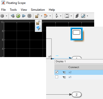 Combined images of the Signal Selector button and the connection mode and menu in the Simulink canvas.