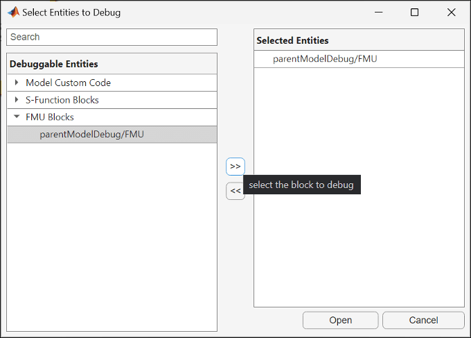 Select Entities to Debug window with FMU