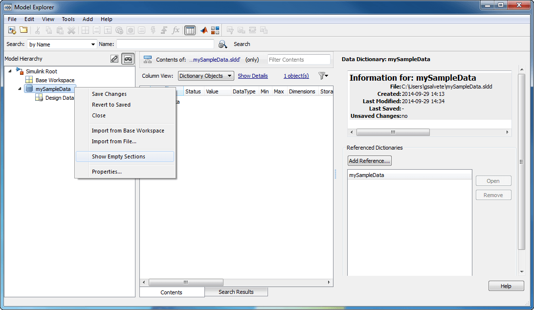 Context menu of a data dictionary node displayed with Show Empty Sections menu item selected