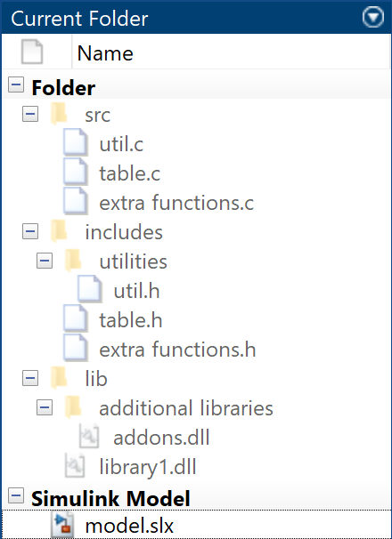 The MATLAB file browser shows three folders: "src", "includes" and "lib". "src" contains three C files. "includes" contains two header files and a "utilities" folder with one header file. "lib" contains a DLL library and a "additional libraries" folder with a DLL library.