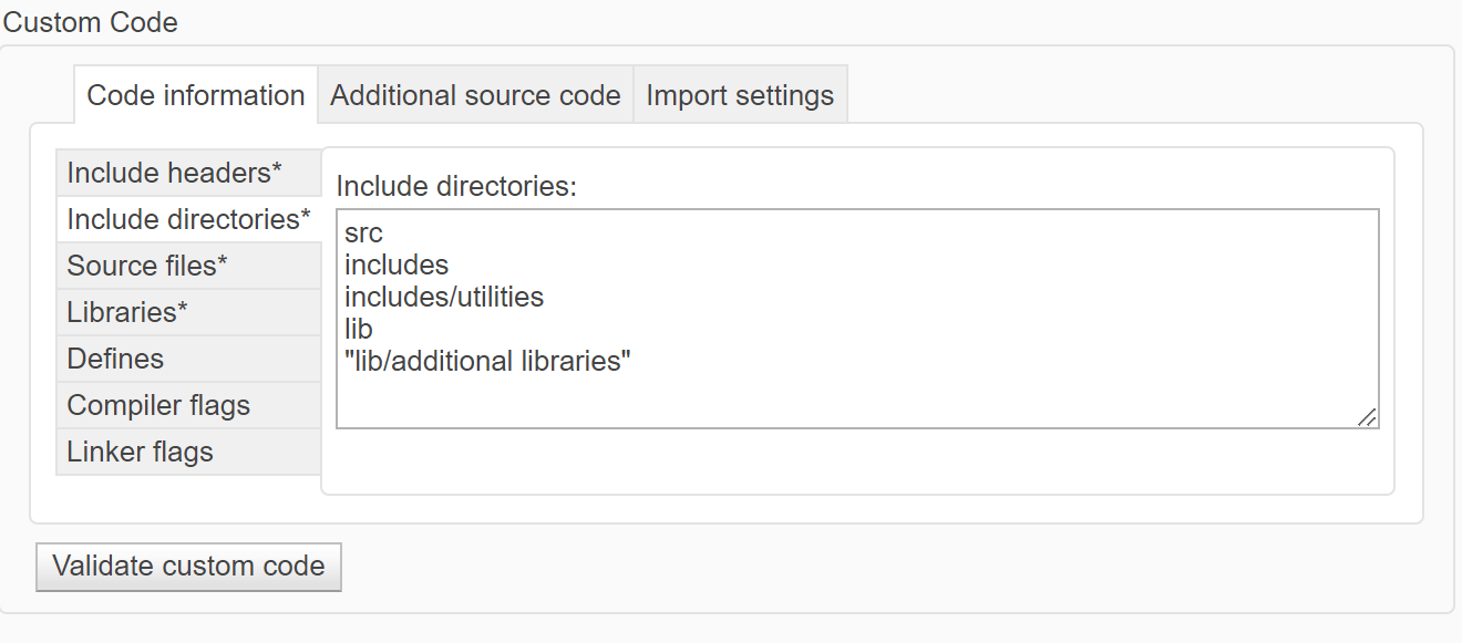 The Simulation Target Custom Code "Include directories" tab shows five lines: src, includes, includes/utilities, lib, "lib/additional libraries"