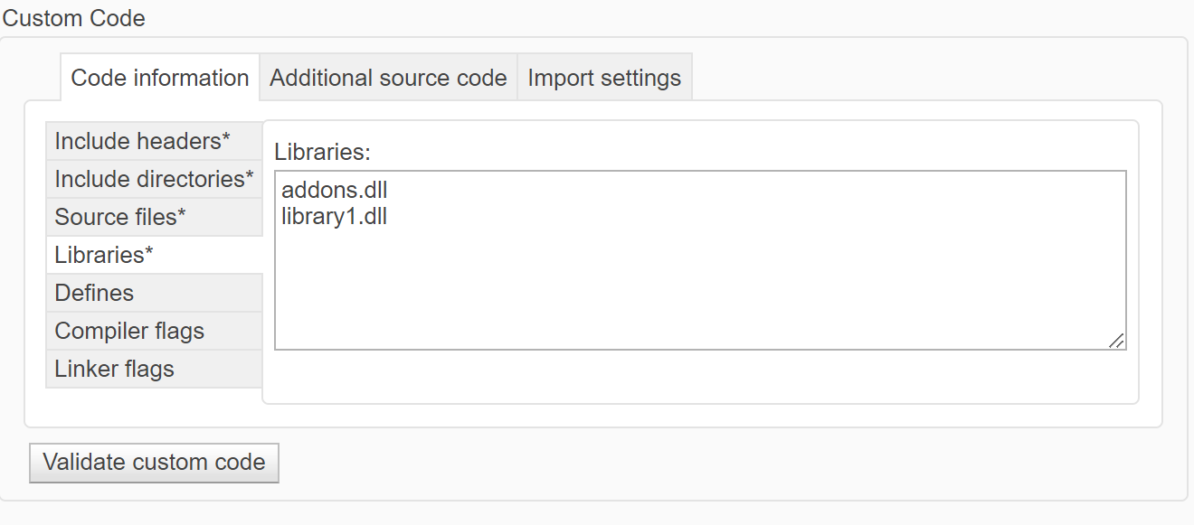 The Simulation Target Custom Code "Libraries" tab shows two lines: addons.dll, and library.dll