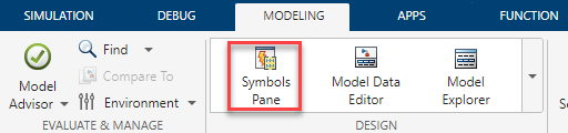 The Modeling tab in the Simulink Editor while the MATLAB Function block Editor is open. The Symbols Pane button on the left is enclosed in a red box.