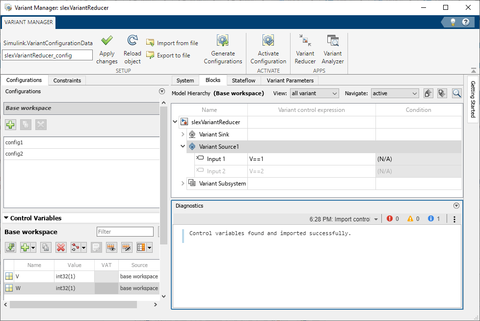 Variant Manager window for the model