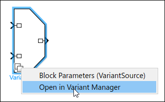 Context menu open on variant badge of variant block, with Open in Variant Manager option selected