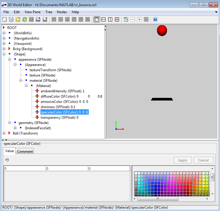 3D world editor with tree structure, virtual world display, and object property edit panes.