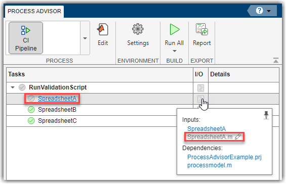 Process Advisor UI showing that the RunValidationScript task is outdated because the validation script for SpreadsheetA was changed