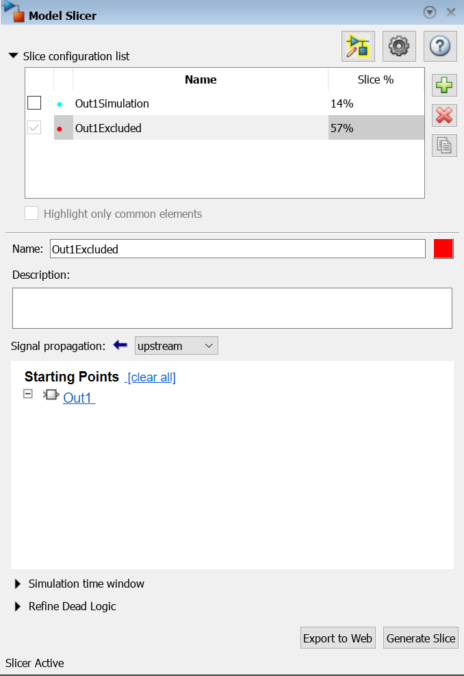 Model Slicer showing Out1 as a starting point