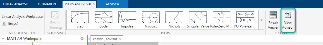 Plots and Results tab with View Advisor highlighted on the far right side.