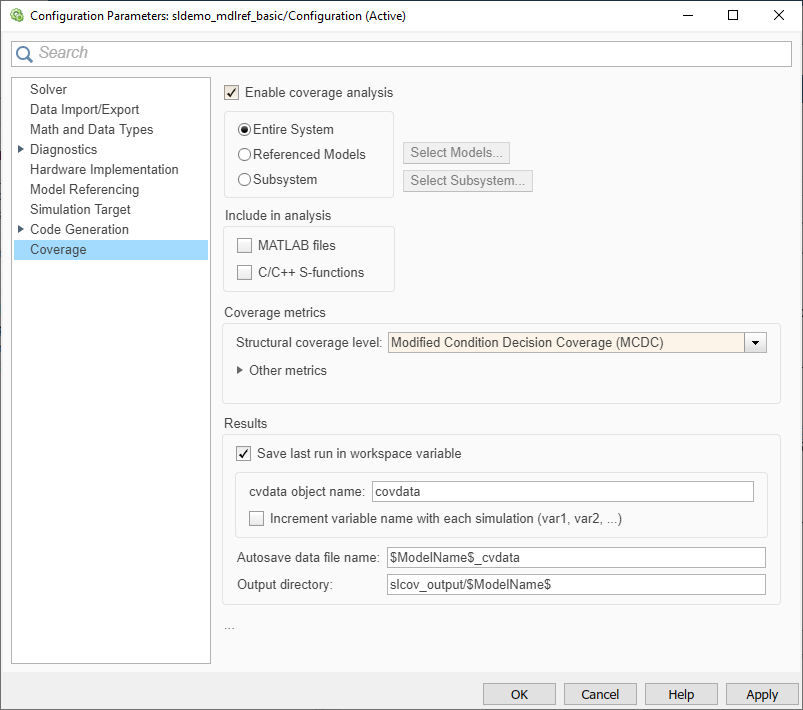 Image of the Configuration Parameters Dialog Box shows the default view of coverage options.