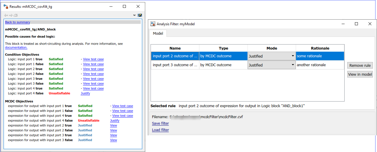 On the left, the Simulink Design Verifier Results window shows results for the model analyzed. On the right, the Analysis Filter window shows justified MCDC outcomes and their rationales.