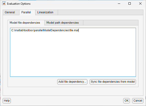 Evaluation Options dialog box showing Model file dependencies