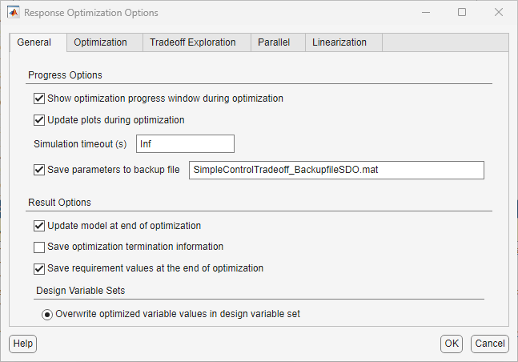 Response Optimizer Options dialog box, showing the General tab. The dialog box also includes Optimization, Parallel, and Linearization tabs.