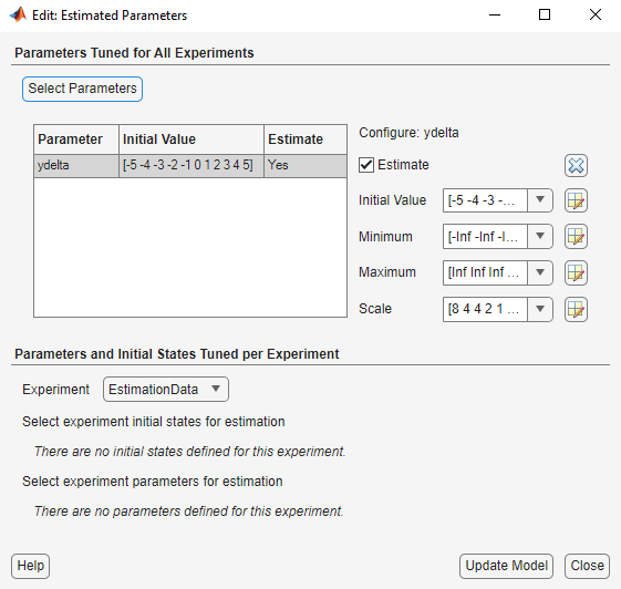 Edit: Estimated Parameters dialog box with Estimate box selected for ydelta