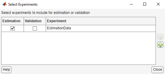 Select Experiments dialog box with the Estimation box against EstimationData checked