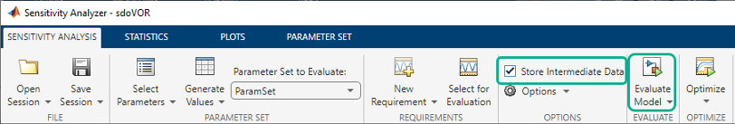 Store Intermediate Data is selected and Evaluate Model icon is highlighted in the Sensitivity Analysis toolstrip in the app