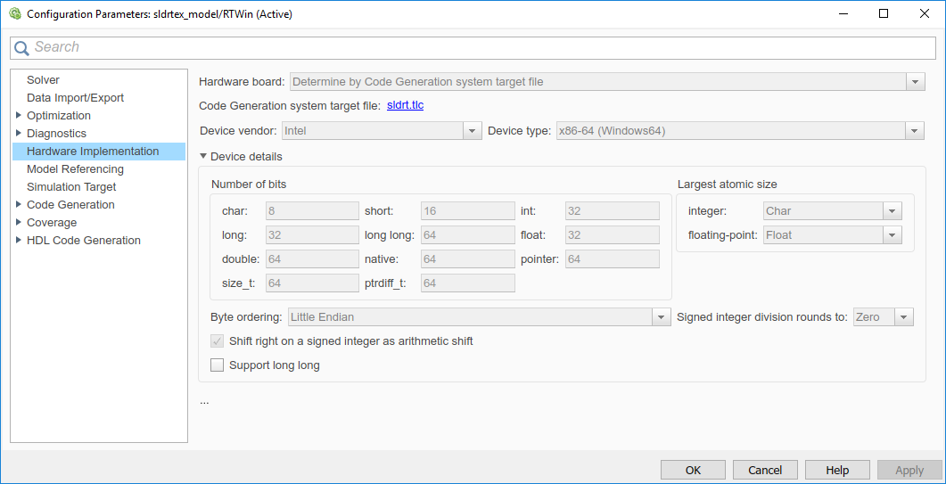 These settings appear in the hardware implementation tab of the configuration parameters dialog box.