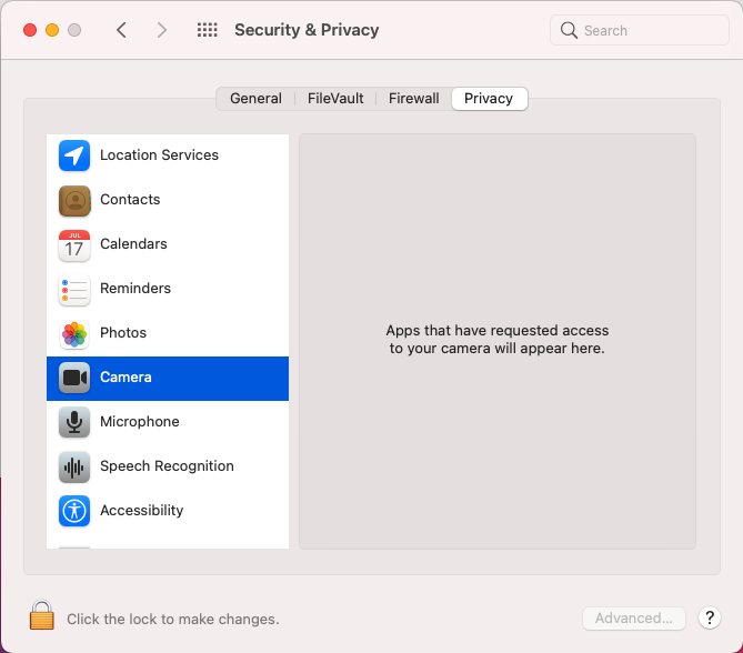 The system preferences for security & privacy configure the camera system device.