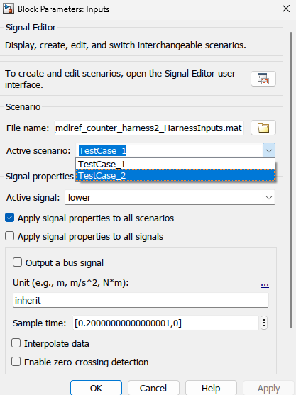 Signal Editor dialog box. The Active scenario list TestCase_1 and TestCase_2 as values to choose from.