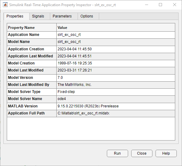 Properties, Signals, Parameters, and Options for the real-time application are available in the Simulink Real-Time Property Inspector.