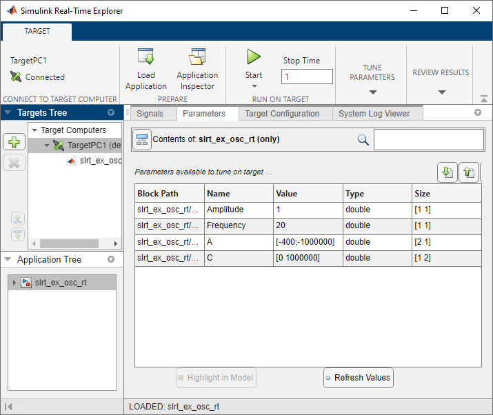 Access parameter values by using the Parameters tab in Simulink Real-Time Explorer.