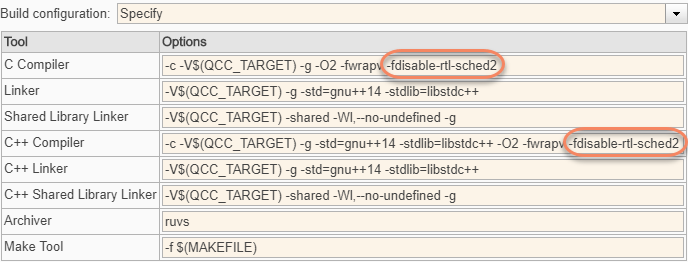 Update the model C Compiler and C++ Compiler options.