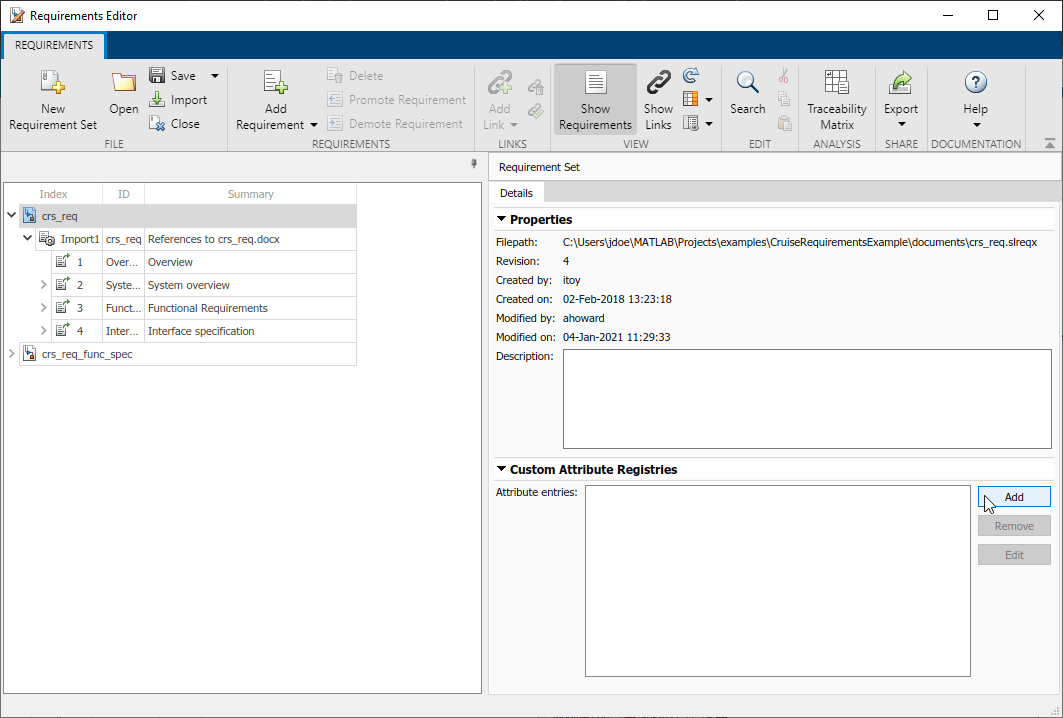 The Requirements Editor shows an imported requirement set. In the right pane, the mouse points to the Add button in the Custom Attribute Registries section.