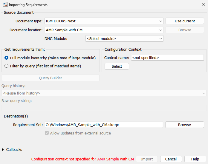 The Importing Requirements dialog box