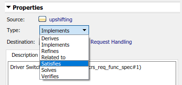 The Properties section of the Requirements Editor is shown, with the Satisfies custom link type selected from the Type menu