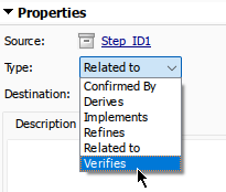 The properties section in the right pane of the Links view of the Requirements Editor. The Type drop-down menu is expanded and the mouse cursor points to Verifies.