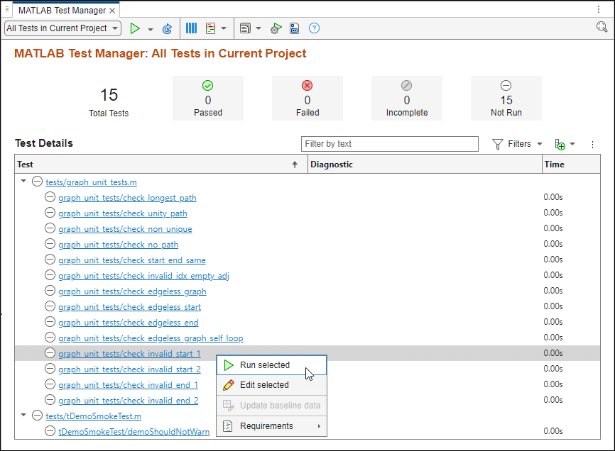 The Link from Selection in MATLAB Editor menu item is selected for a requirement.