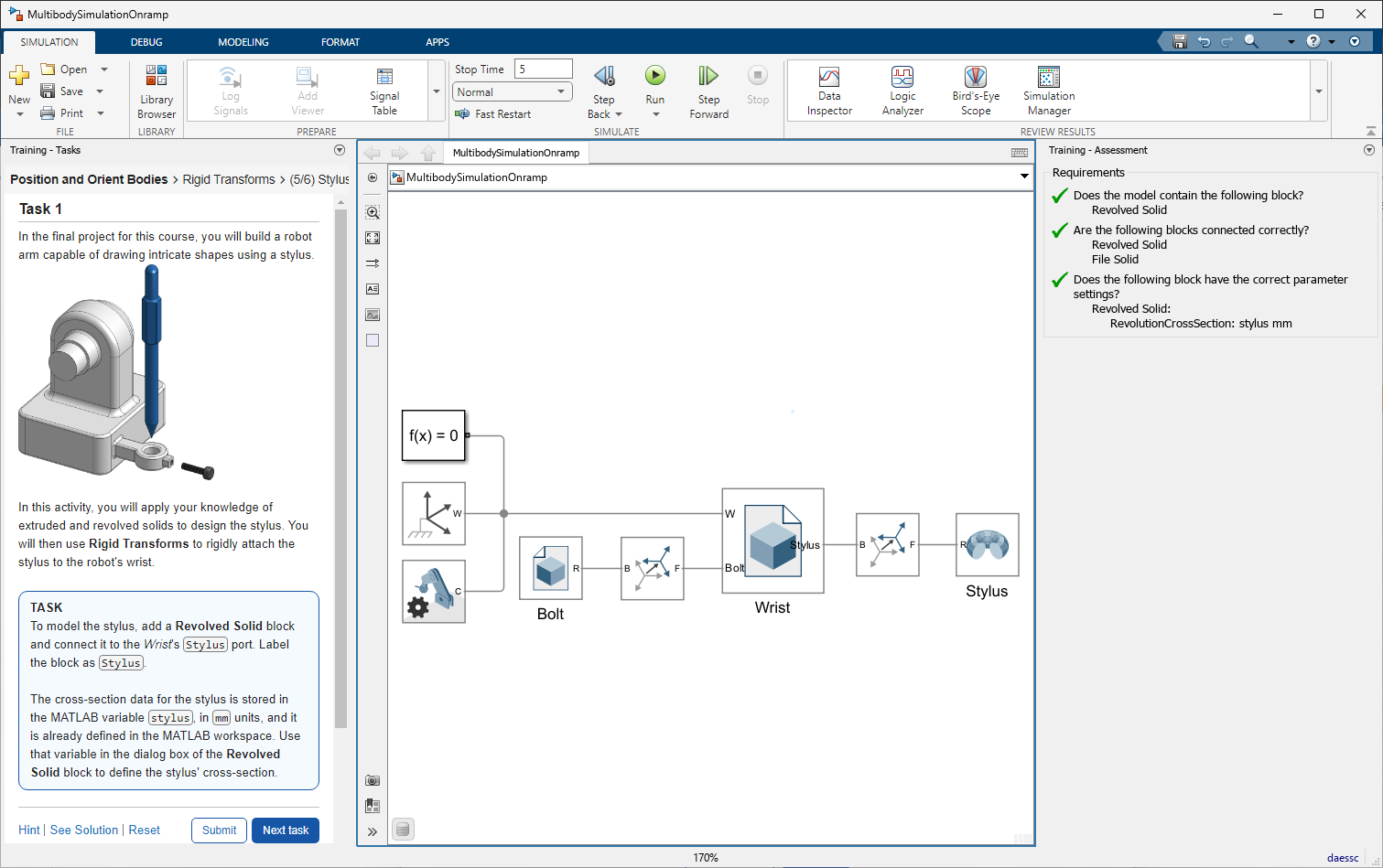 Multibody Simulation Onramp describes the task, displays an interactive model, and assesses whether the model matches the requirements set by the training.