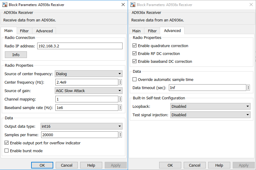 Block parameters: AD936x receiver window with main tab selected on the left and advanced tab selected on the right. The radio properties are on the main tab and data timeout is on the advanced tab.