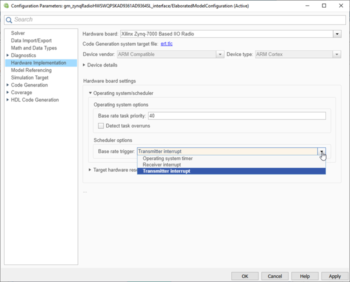 View of configuration parameters window. Hardware implementation pane is on the left. Hardware board drop-down at the top of the right side pane. Base rate trigger drop-down is under the scheduler options in the right side pane.